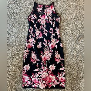 White House Black Market black dress with pink and gold floral detail